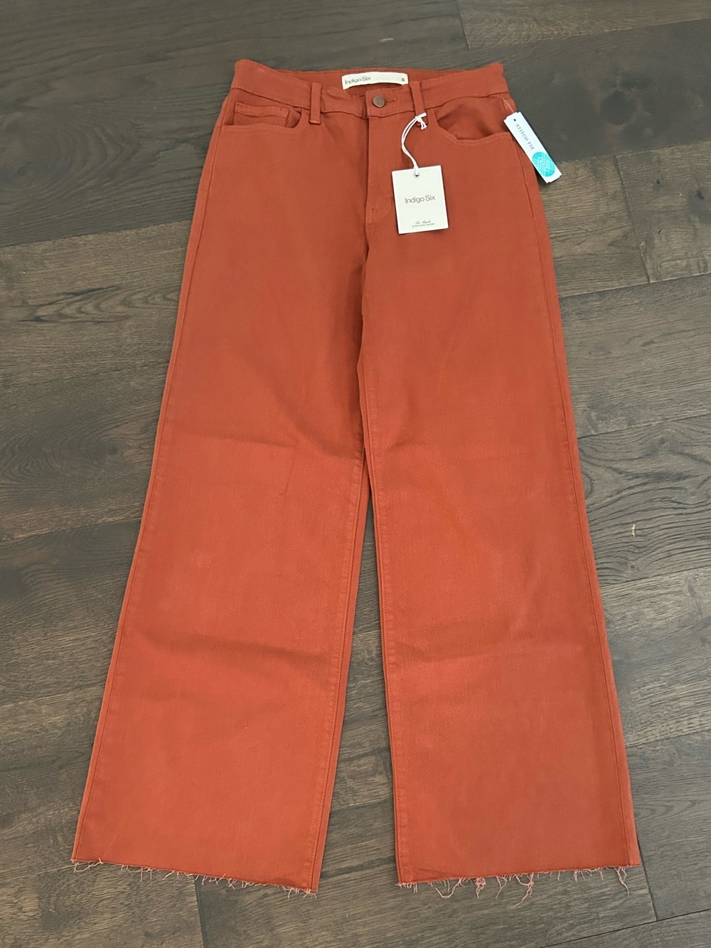 Indigo Six Jeans Scissor Cut Slim Wide Leg Burnt Orange Rust Jeans Raw Hem NWT 8
